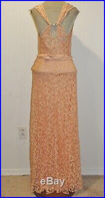 Gorgeous 1930's Peach Lace Dress w Cape / Slip / Rhinestones SM
