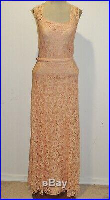 Gorgeous 1930's Peach Lace Dress w Cape / Slip / Rhinestones SM