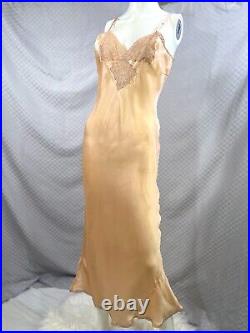 Gorgeous Vintage 1940's Peach & Lace Silk Satin Bias Cut Chemise Slip Dress! S/M