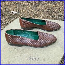 Gucci Mens Brown Leather Slip On Basketweave Loafers Woven Dress Shoes Sz 45 1/2