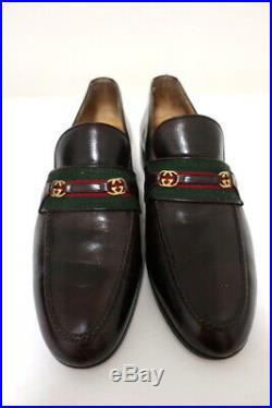 Gucci Vintage GG Web Loafers Dark Brown Leather Size 40.5 M Slip-On Shoes