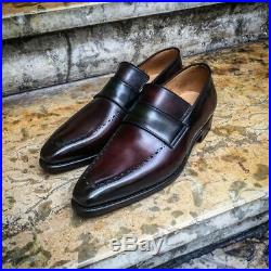 Handmade Maroon Black Moccasin Loafer Slip on Vintage Genuine Men Leather Shoes