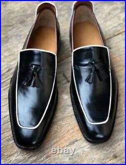 Handmade Men's Black Square Cap Toe Slip On Tassel Dress Leather Shoes Custom