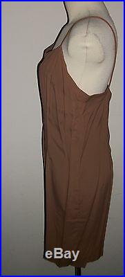 I. Magnin Brown Slip Dress with Green Rust Textured Lace Dress Set Vtg Sz Med