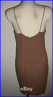 I. Magnin Brown Slip Dress with Green Rust Textured Lace Dress Set Vtg Sz Med