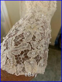 Ivory Beaded Vintage SHEATH WEDDING DRESS by Alfred Angelo Bateau Neck + Slip