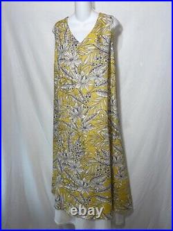 J Jill 100% Linen Midi Dress 1X Plus Size Long Yellow Floral Tunic Tank Sundress