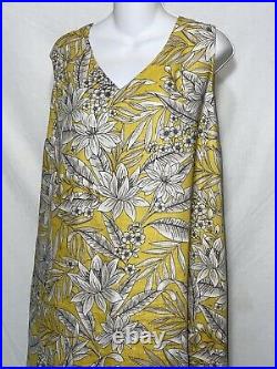 J Jill Long Yellow Floral 100% Linen Midi Dress 1X Plus Size Tunic Tank Sundress