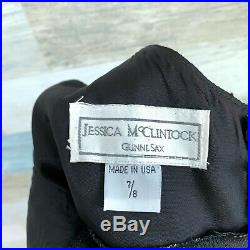 Jessica McClintock Gunne Sax Maxi Slip Dress Black Green Floral VTG Womens 8
