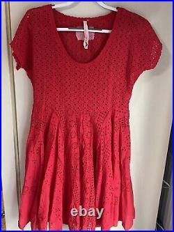 Johnny Was Vintage Dress Size M, Red, Floral Eyelet Crocheted, Mini, WithSlip