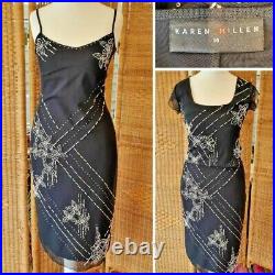 Karen Millen Vintage 90s Black Dress Beaded Slip Strappy Shawl Top Overlay 10
