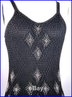 Kroshetta By Papillon Vintage 70s 80s Crochet Dress Black Beaded Slip Sheath