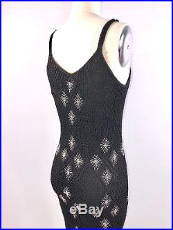 Kroshetta By Papillon Vintage 70s 80s Crochet Dress Black Beaded Slip Sheath