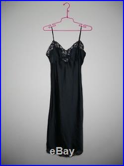 LANVIN Vintage Slip Dress Black Silk Sleeveless Lace Bodice Size m