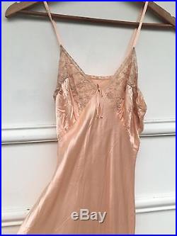Lace Satin Pink Champagne Vintage 40s Dress 100% Cotton S M 8 10 Slip Wedding
