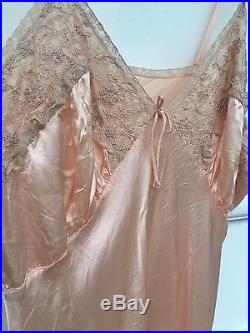 Lace Satin Pink Champagne Vintage 40s Dress 100% Cotton S M 8 10 Slip Wedding
