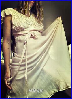 Lace Vintage 40s Dress 100% Silk 10 Slip Wedding Dust Pink Long Tie Backless M L