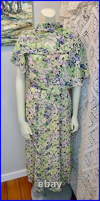 Late 1920s-Early 1930s Floral Chiffon Dress With Matching Slip, Belt and Shawl L