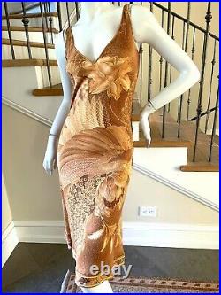Leonard Paris Vintage Amber Tone Floral Print Sexy Silk Jersey Slip Dress