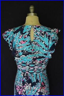 Lilly Pulitzer Mylea Maxi Dress High Tide Navy Coral Club Engineered ruffle XS