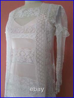 M Tambour Lace Mesh Upcycled Slip Dress Downton Abbey Vintage Ivory Bridal Tea L