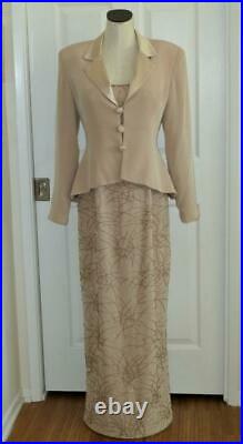 Macis Vtg Beige Gold Beads Formal Evening MOB Long Hourglass Gown+Jacket Set8 M