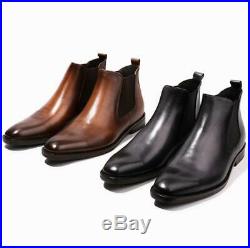 Men Dress Formal Genuine Cow Leather Chelsea Boots Shoes Slip on Vintage British
