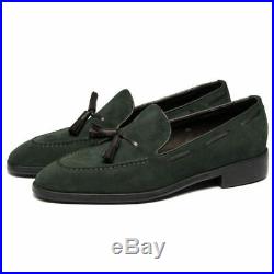 Men's Green Full Suede Tassels Loafer Slip Ons Vintage Leather Handcrafted Shoes