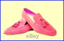 Men's Pink Tassel Loafer Slip On Derby Toe Suede Vintage Leather Handmade Shoes