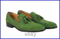 Mens Real Suede Leather Blue Green Black Slip on Tassel Loafer Vintage Shoes