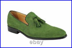 Mens Real Suede Leather Blue Green Black Slip on Tassel Loafer Vintage Shoes