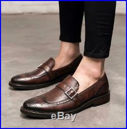 Mens Vintage Slip On Round Toe Leather Business Dress Work Carved Office Shoes