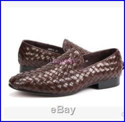 Mens Vintage Woven Slip On Loafers Shiny Leather Dress Formal Flat Oxfords Shoes