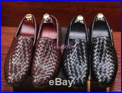 Mens Vintage Woven Slip On Loafers Shiny Leather Dress Formal Flat Oxfords Shoes