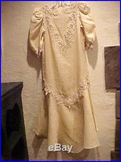 New Vintage Beige Long Linen Dress With Handmade Crochet Trim Matching Slip Sz. 8