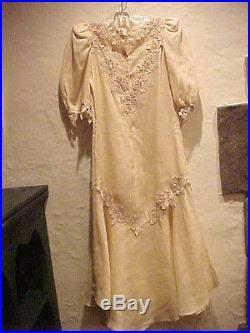 New Vintage Beige Long Linen Dress With Handmade Crochet Trim Matching Slip Sz. 8