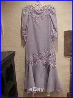 New Vintage Blue Long Linen Dress With Handmade Crochet Trim Matching Slip Sz. 10