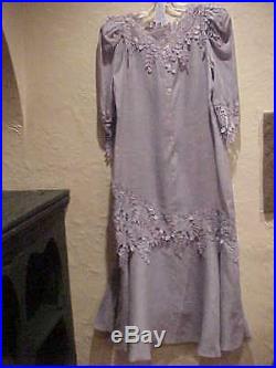 New Vintage Blue Long Linen Dress With Handmade Crochet Trim Matching Slip Sz. 10