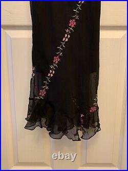 NWOT Vintage Betsey Johnson Silk Chiffon Black Dress Pink Floral Embroidery Sz 6