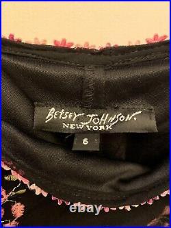 NWOT Vintage Betsey Johnson Silk Chiffon Black Dress Pink Floral Embroidery Sz 6
