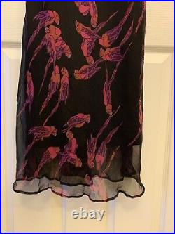 NWOT Vintage Betsey Johnson Silk Chiffon Black Dress Pink Parrot Print Small