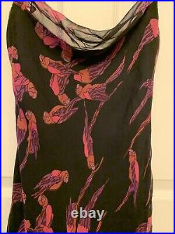 NWOT Vintage Betsey Johnson Silk Chiffon Black Dress Pink Parrot Print Small
