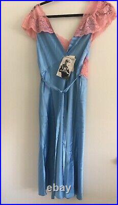 NWT Betsey Johnson vintage midi slip dress blue satin pink lace S/M
