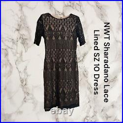 NWT SZ 10 Sharagano Black Vintage Style Lace Pattern Nude Slip Dress MIDI 1109