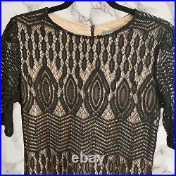 NWT SZ 12 Sharagano Black Vintage Style Lace Pattern Nude Slip Dress MIDI