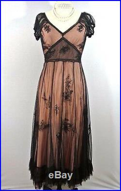 Nataya Vintage Style Dress S Black Lace Pink Slip Formal Tie Back NWT #40193