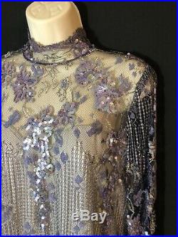 Neiman Marcus Rina diMontella Vtg Purple Sequin Mesh Long Dress w Slip Size 6