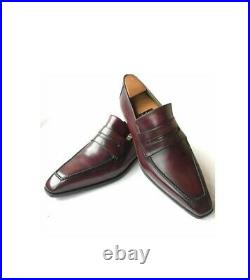 New Handmade Men's Burgundy Loafer Slip On Genuine Leather Dress Shoes Custom