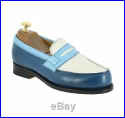 New Men's Penny Loafer Slip Ons Two Tone Blue White Cont Vintage Leather Shoes
