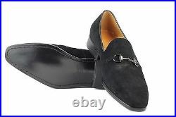 New Mens Real Leather Black Suede Horsebit Buckle Vintage Loafers Slip Ons Shoes